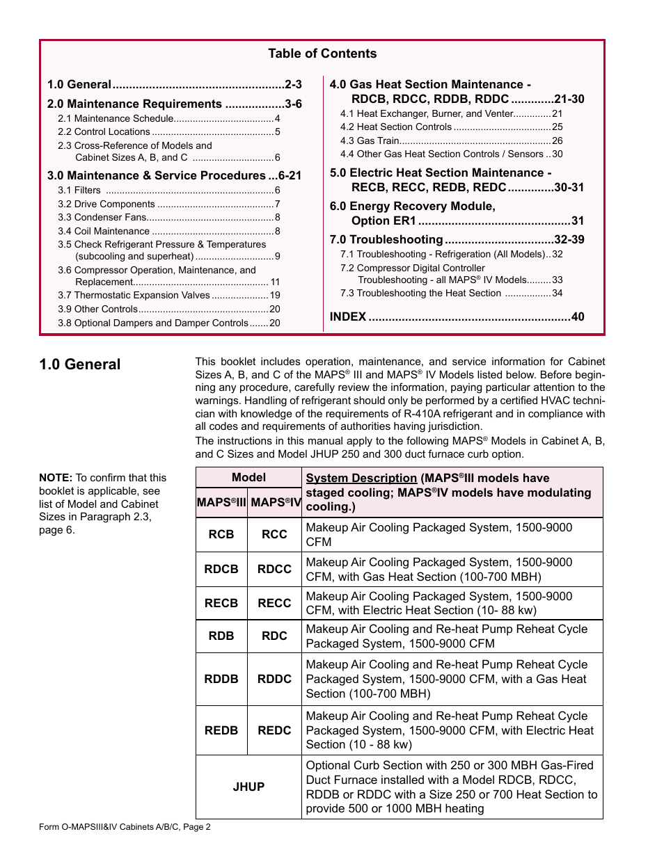 0 general | Reznor MAPS - A,B,C Users Manual User Manual | Page 2 / 40