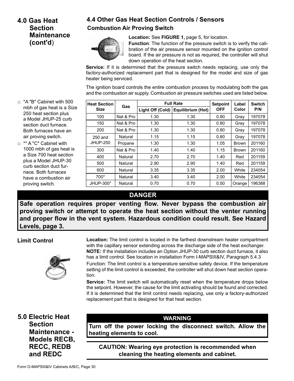 4 other gas heat section controls / sensors, 0 electric heat section maintenance, Recb, recc, redb, redc -31 | Reznor MAPS - A,B,C Users Manual User Manual | Page 30 / 40