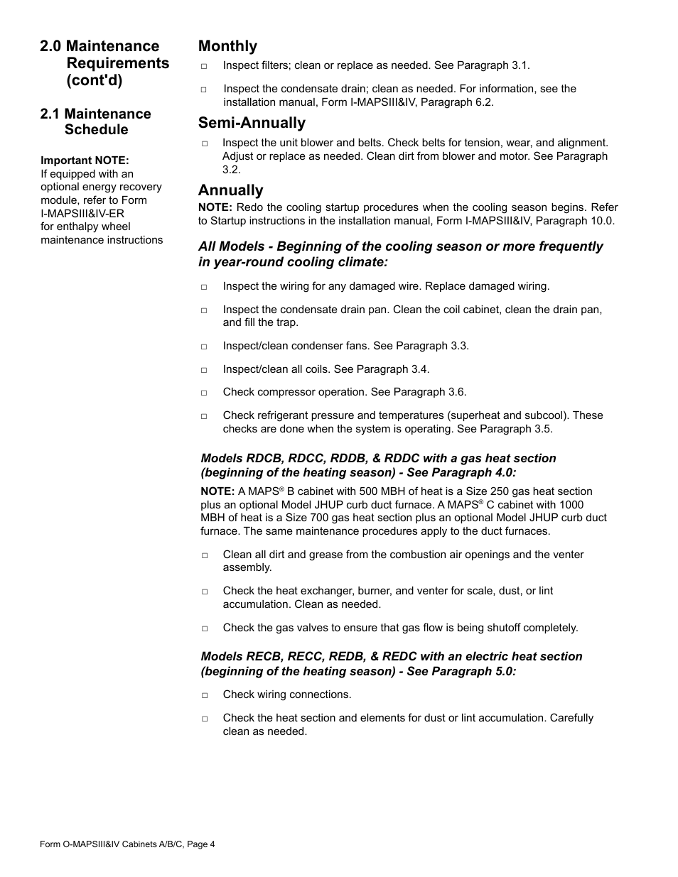 1 maintenance schedule, Monthly, Semi-annually | Annually, 0 maintenance requirements (cont'd) | Reznor MAPS - A,B,C Users Manual User Manual | Page 4 / 40