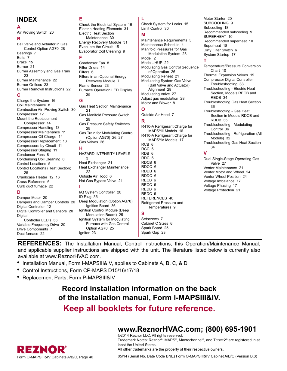 Index, Keep all booklets for future reference, References | Replacement parts, form p-mapsiii&iv | Reznor MAPS - A,B,C Users Manual User Manual | Page 40 / 40