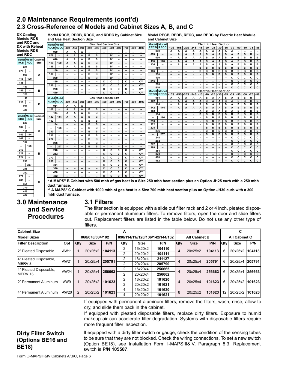 3 cross-reference of models and, Cabinet sizes a, b, and c, 0 maintenance & service procedures -21 | 1 filters, 0 maintenance and service procedures, 0 maintenance requirements (cont'd), Dirty filter switch (options be16 and be18) | Reznor MAPS - A,B,C Users Manual User Manual | Page 6 / 40