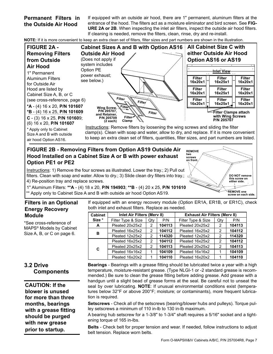 2 drive components, Figure 2a - removing filters from outside air hood, Permanent filters in the outside air hood | Filters in an optional energy recovery module | Reznor MAPS - A,B,C Users Manual User Manual | Page 7 / 40
