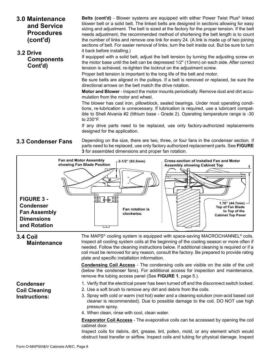 3 condenser fans 3.4 coil maintenance, 0 maintenance and service procedures (cont'd), 4 coil maintenance | 3 condenser fans, 2 drive components cont'd) | Reznor MAPS - A,B,C Users Manual User Manual | Page 8 / 40