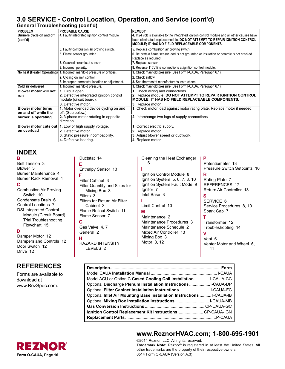 Index references, General troubleshooting (cont'd) | Reznor CAUA Users Manual User Manual | Page 16 / 16