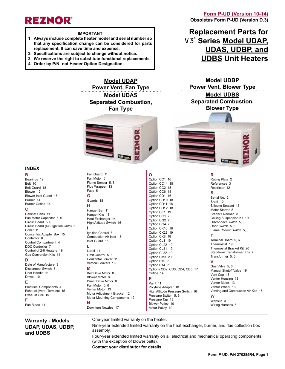 Reznor UDBP Parts Manuals User Manual | 20 pages