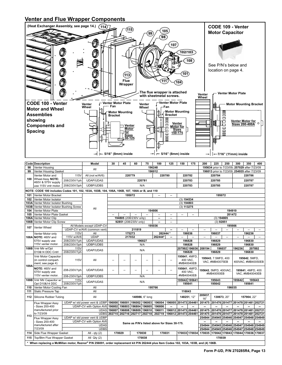 Rapper 13, Enter motor 13, Ap 13 | Enter housing 13, Enter wheel 13, Venter and flue wrapper components, See p/n’s below and location on page 4 | Reznor UDBP Parts Manuals User Manual | Page 13 / 20