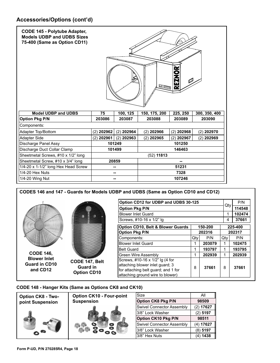 Belt guard 18, Blower inlet guard 18, Guards 18 | Hanger kits 18, Option cd10 18, Option cd12 18, Option ck10 18, Option ck8 18, Adapter 18, Accessories/options (cont’d) | Reznor UDBP Parts Manuals User Manual | Page 18 / 20