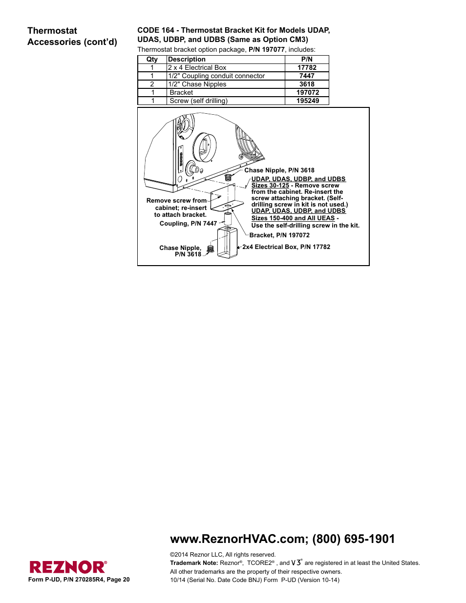 Option cm3 20, Thermostat bracket kit 20, Thermostat accessories (cont’d) | Reznor UDBP Parts Manuals User Manual | Page 20 / 20