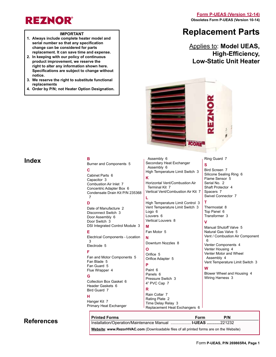 Reznor UEAS Parts Manuals User Manual | 8 pages