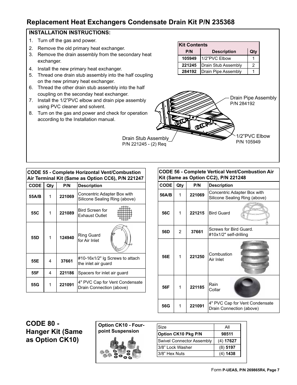 Air inlet 7, Bird guard 7, Hanger kit 7 | Erminal kit 7, Air kit 7, 4” pvc cap 7, Rain collar 7, Ring guard 7, Bird screen 7, Spacers 7 | Reznor UEAS Parts Manuals User Manual | Page 7 / 8