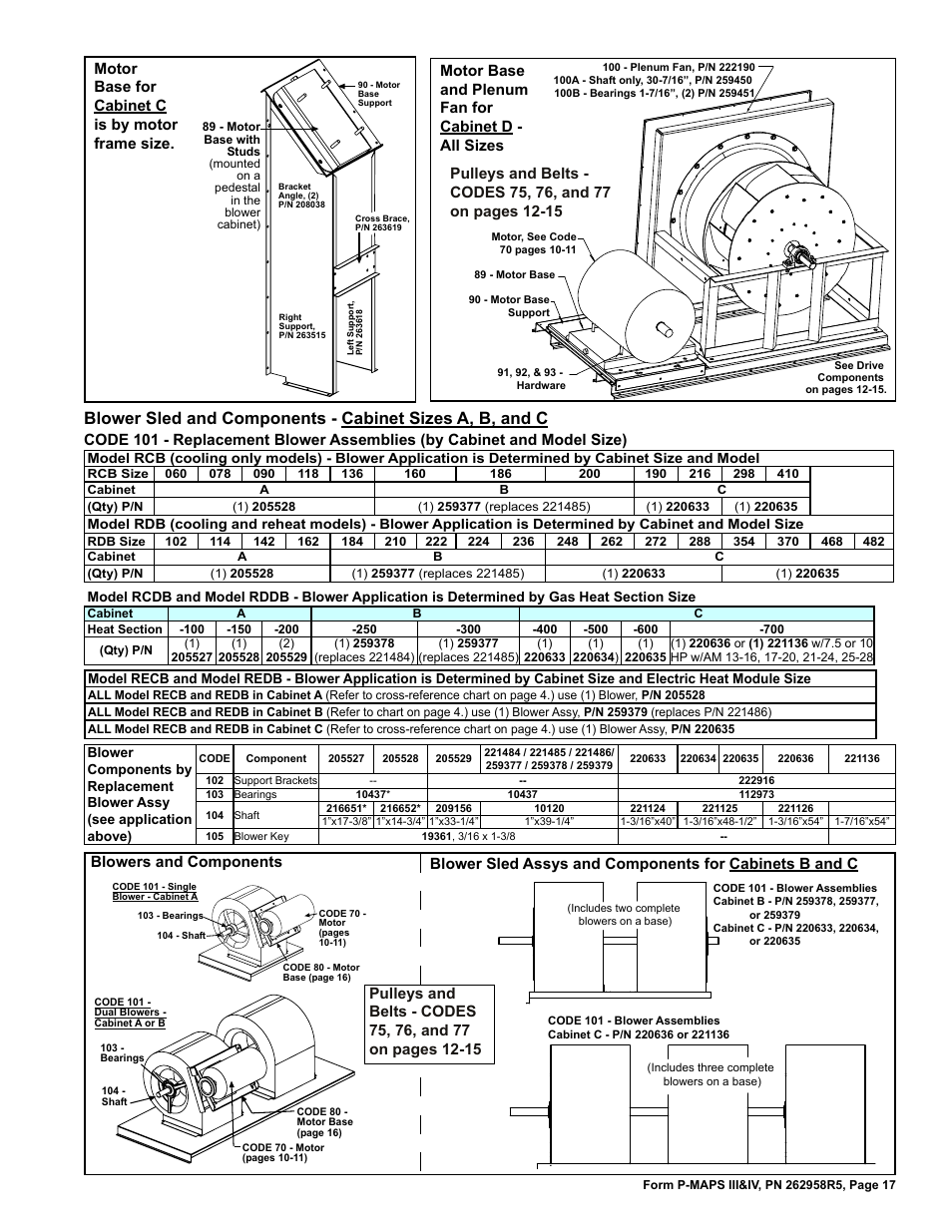 Blower 16, 29, Plenum fan 16, Motor base 16 | Motor mounting 16, Motor base for cabinet c is by motor frame size, Blowers and components | Reznor MAPSIV RECC Parts Manuals User Manual | Page 17 / 40