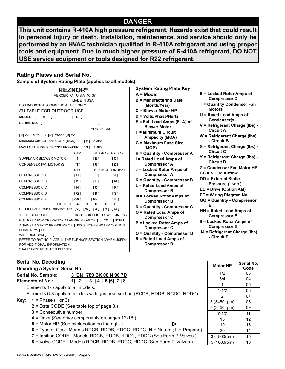 Rating plate 2, Serial no. 2, Reznor | Danger, Rating plates and serial no, Serial no. decoding | Reznor MAPSIV RECC Parts Manuals User Manual | Page 2 / 40