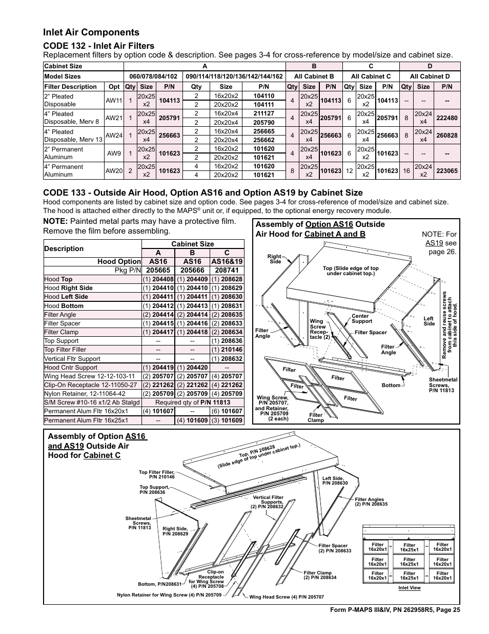 Air filters 25, Air hood 25, 26, Inlet air components | Code 132 - inlet air filters | Reznor MAPSIV RECC Parts Manuals User Manual | Page 25 / 40