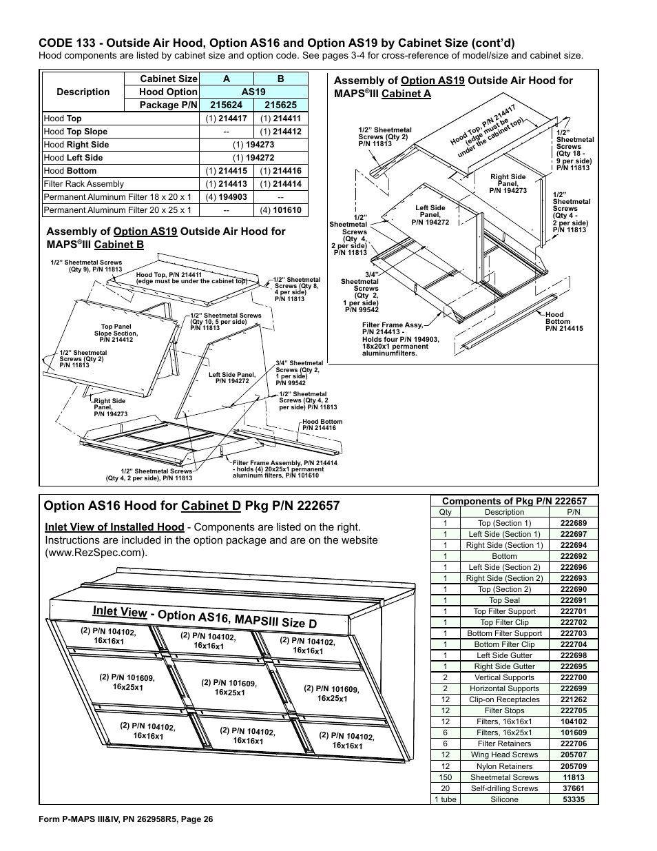 Assembly of option as19 outside air hood for maps, Iii cabinet b, Iii cabinet a | Reznor MAPSIV RECC Parts Manuals User Manual | Page 26 / 40