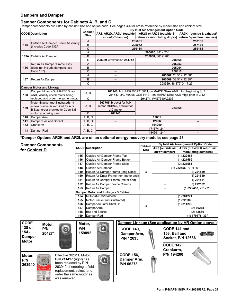 Damper 27, Damper linkage 27, Dampers and controls 27 | Damper motor 27, Dampers and damper damper components for cabinet d, Damper components for cabinets a, b, and c | Reznor MAPSIV RECC Parts Manuals User Manual | Page 27 / 40