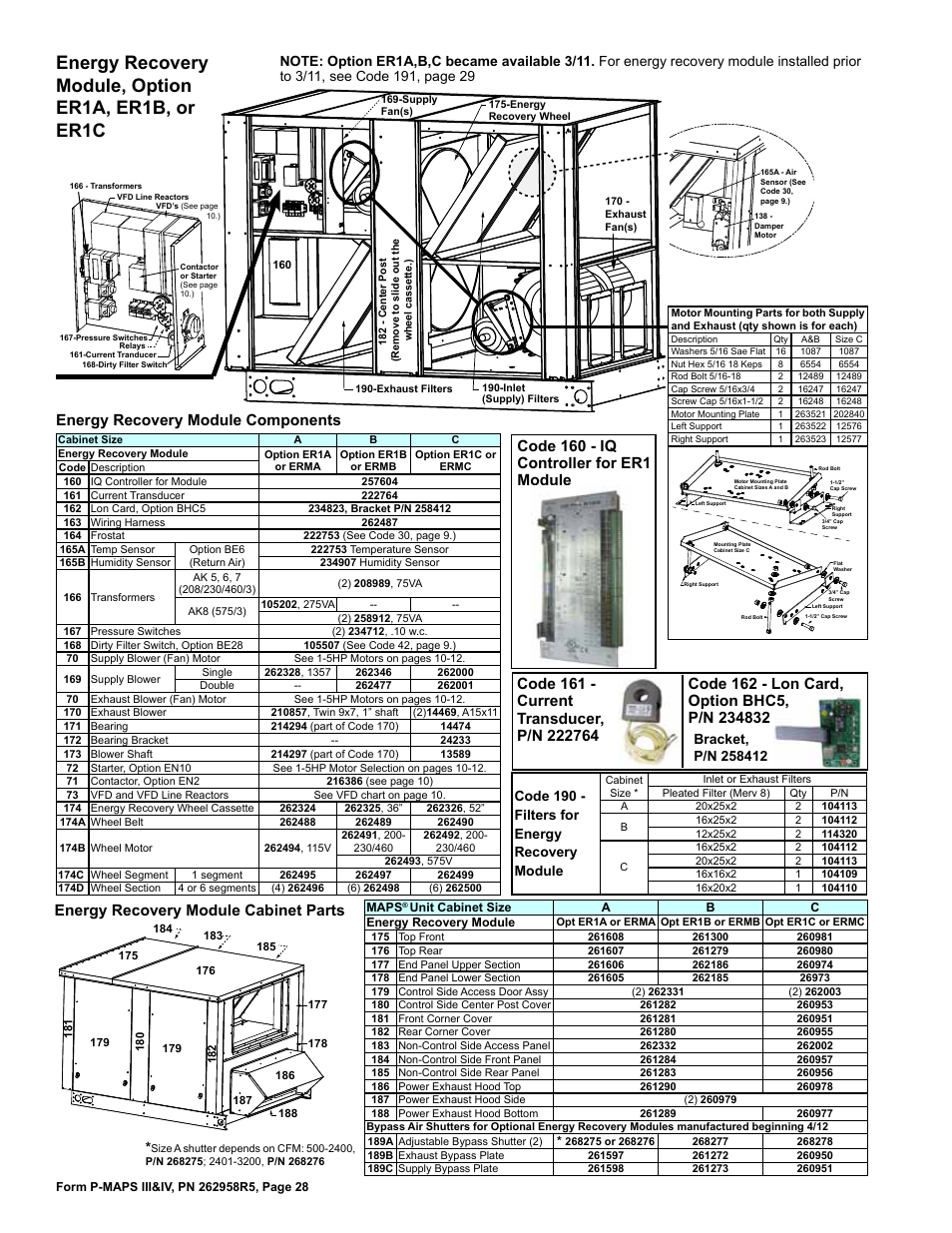 Exhaust blower 28, Supply blower 28, Energy recovery module cabinet parts 28 | Controller for er1 module 28, Er1b, or er1c 28, Energy recovery wheel 28, Dirty filter switch 28, Filters for energy recovery module 28, Lon card, option bhc5 28, Pressure switch 28, 33 | Reznor MAPSIV RECC Parts Manuals User Manual | Page 28 / 40