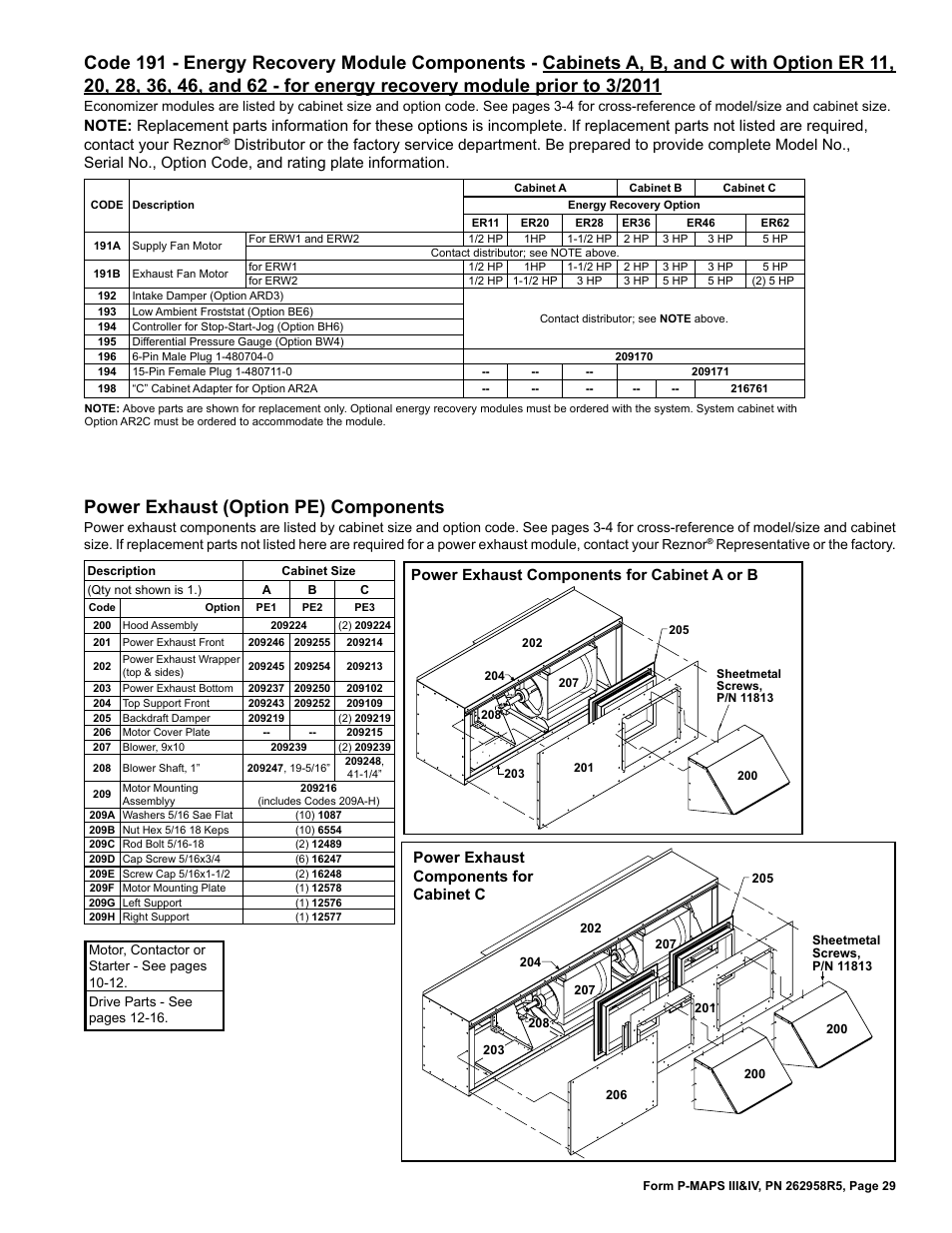 Energy recovery module 29, Assembly 29, Power exhaust 29 | Power exhaust (option pe) components, Power exhaust components for cabinet a or b, Power exhaust components for cabinet c | Reznor MAPSIV RECC Parts Manuals User Manual | Page 29 / 40