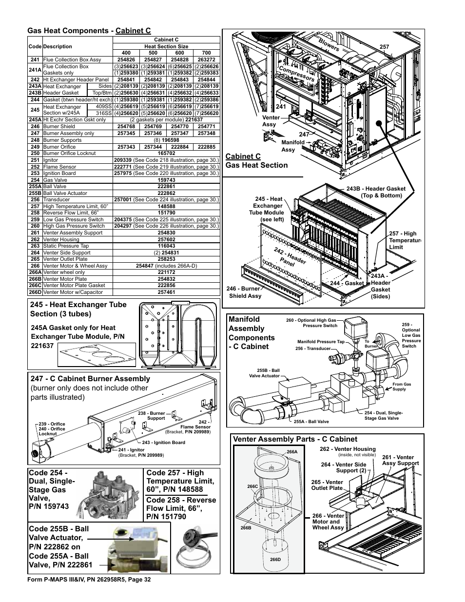 Alve 32, 34, Gas heat components - cabinet c 32, Heat exchanger module 32, 34 | Ignition board 32, 34, Assembly components 32, Reverse flow limit 32, Gas heat components - cabinet c | Reznor MAPSIV RECC Parts Manuals User Manual | Page 32 / 40