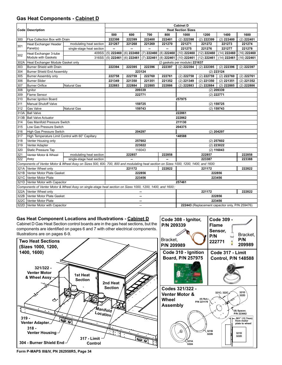 Burner slider 34, Gas heat components - cabinet d 34, 35, Gas manifold pressure switch 34 | High gas pressure switch 34, Low gas pressure switch 34, Gas heat components - cabinet d | Reznor MAPSIV RECC Parts Manuals User Manual | Page 34 / 40