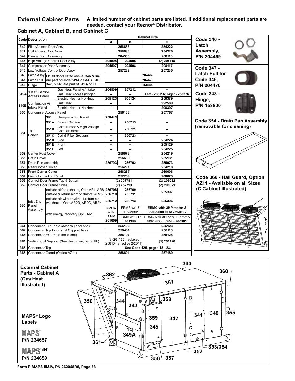 External cabinet parts 38, Assembly 38, 39, Assembly 38, 40 | Hinge 38, 39, External cabinet parts, Cabinet a, cabinet b, and cabinet c, Logo labels | Reznor MAPSIV RECC Parts Manuals User Manual | Page 38 / 40