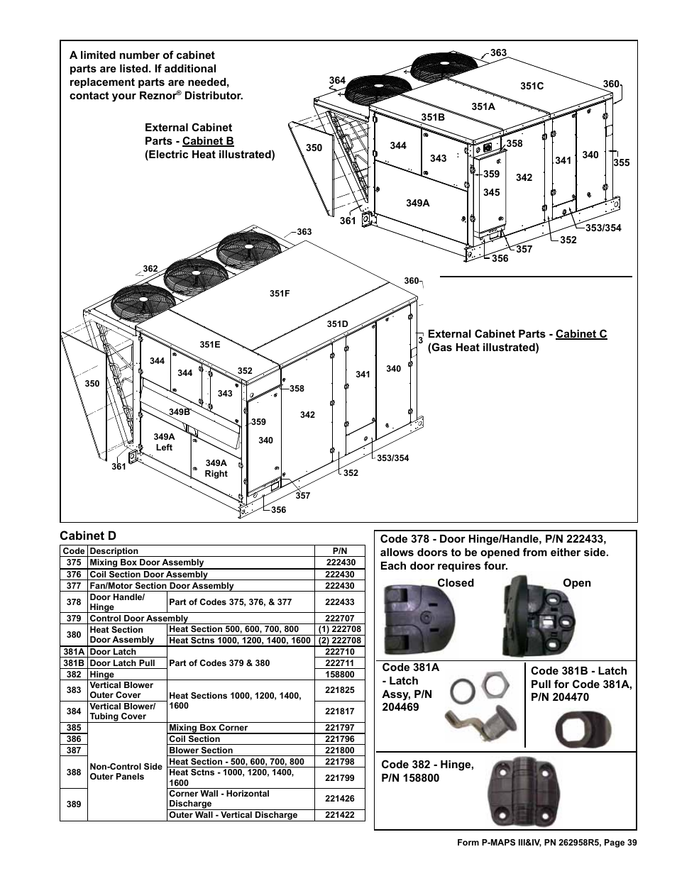 Door hinge/handle 39, Cabinet d | Reznor MAPSIV RECC Parts Manuals User Manual | Page 39 / 40