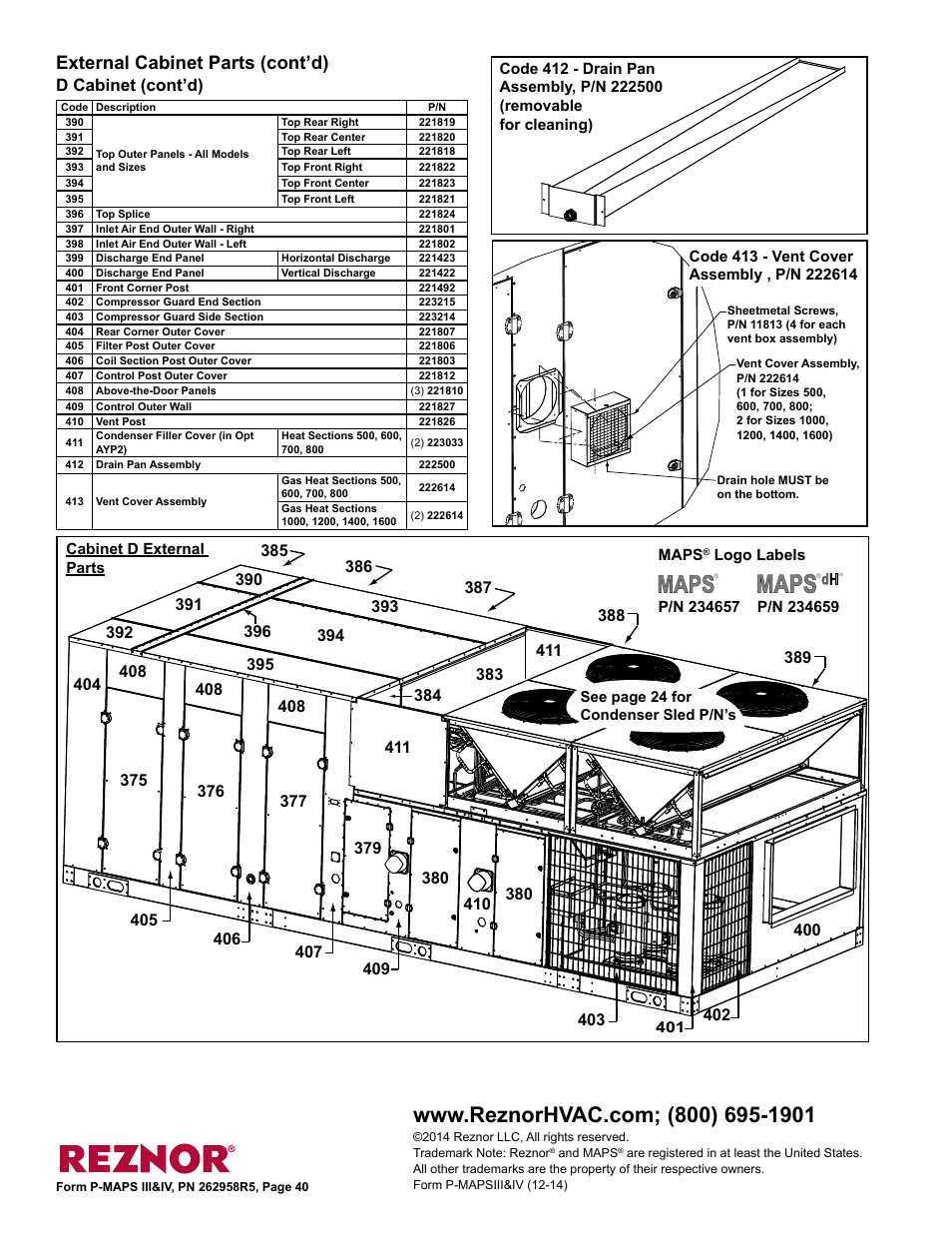 Assembly 40, External cabinet parts (cont’d), D cabinet (cont’d) | Reznor MAPSIV RECC Parts Manuals User Manual | Page 40 / 40