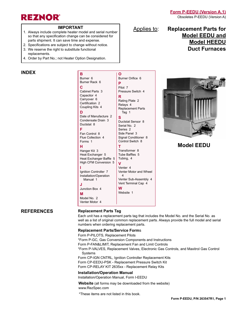 Reznor HEEDU Parts Manuals User Manual | 8 pages