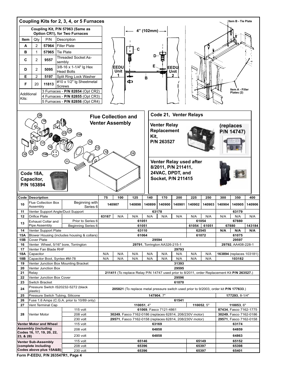 Capacitor 4, Coupling kits 4, Flue collection 4 | Junction box 4, Enter motor 4, Pressure switch 4, Relays 4, Ubing, 4, Enter 4, Enter sub-assembly 4 | Reznor HEEDU Parts Manuals User Manual | Page 4 / 8