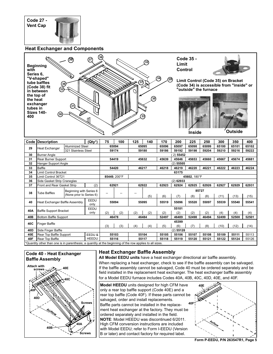 Heat exchanger 5, Heat exchanger baffle 5, High cfm conversion 5 | Ube baffles 5, Heat exchanger and components, Heat exchanger baffle assembly, Code 27 - vent cap, Outside inside, Code 40 - heat exchanger baffle assembly, Code 35 - limit control | Reznor HEEDU Parts Manuals User Manual | Page 5 / 8