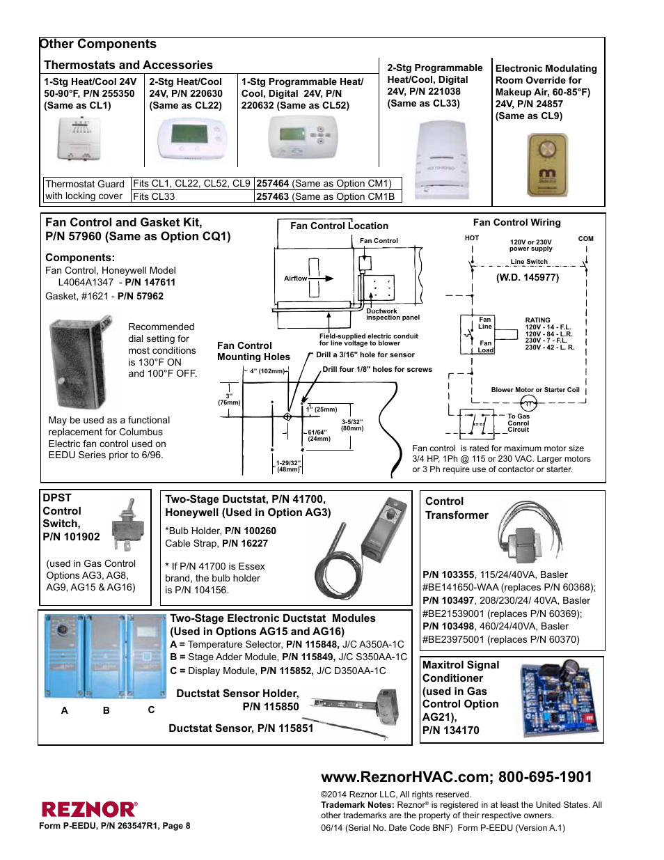 Ductstat 8, Fan control 8, Ductstat sensor 8 | Signal conditioner 8, Control switch 8, Ransformer 8, Other components, Thermostats and accessories | Reznor HEEDU Parts Manuals User Manual | Page 8 / 8