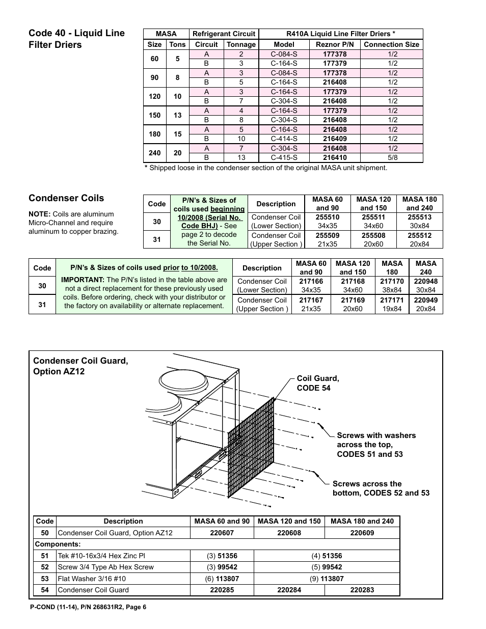 Condenser coil guard 6, Condenser coils 6, Liquid line filter driers 6 | Condenser coils, Code 40 - liquid line filter driers | Reznor MASA Parts Manuals User Manual | Page 6 / 12