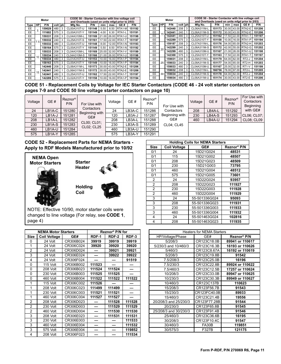 Holding coils for iec starters 11, Starters 11 | Reznor RDF Parts Manuals User Manual | Page 11 / 32