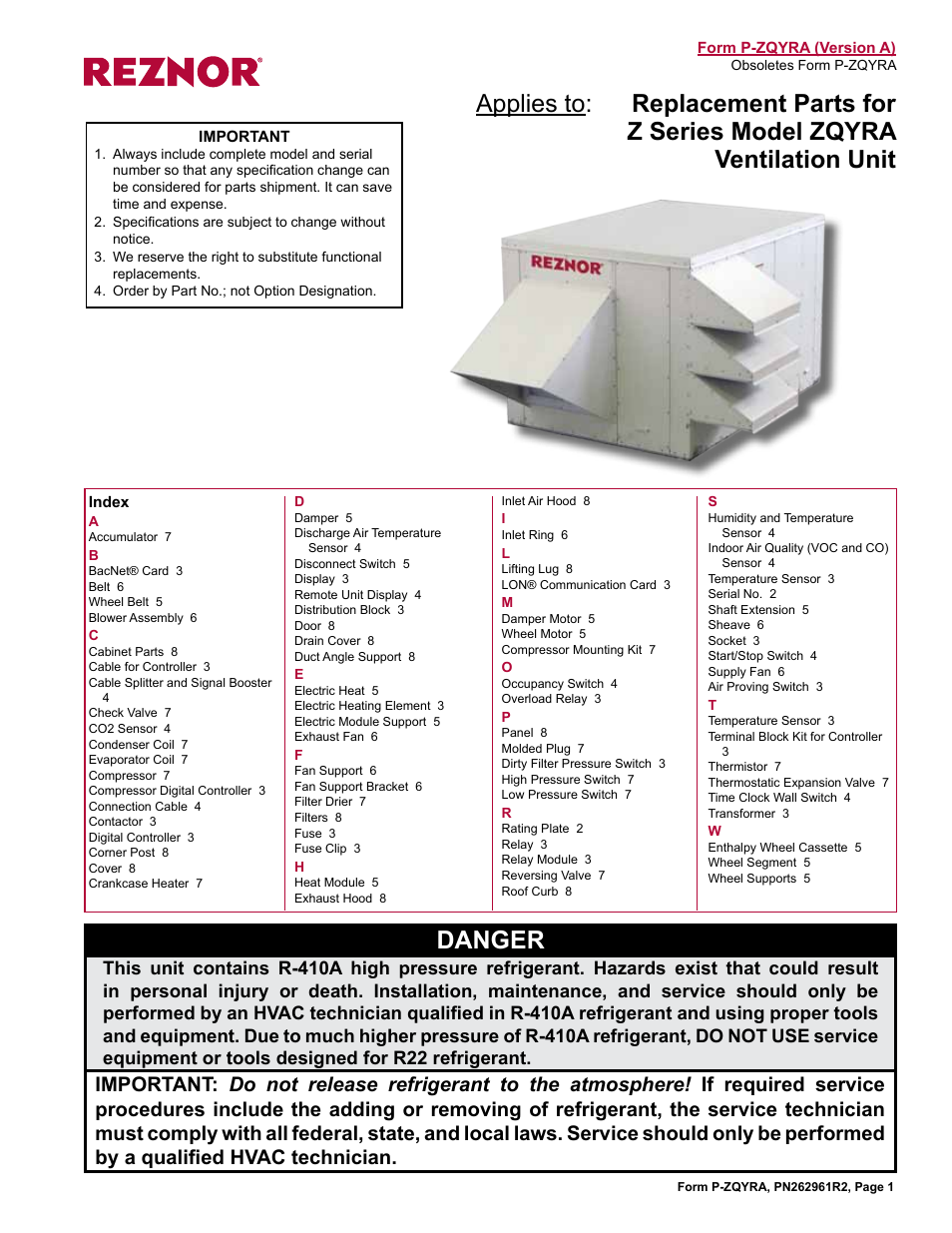 Reznor ZQYRA Parts Manuals User Manual | 8 pages