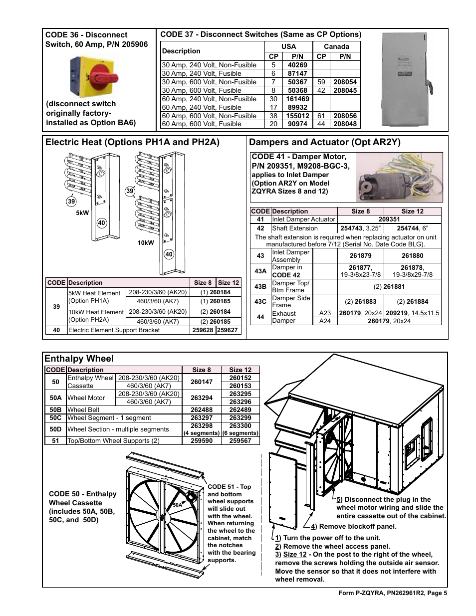 Enthalpy wheel, Dampers and actuator (opt ar2y), Electric heat (options ph1a and ph2a) | Reznor ZQYRA Parts Manuals User Manual | Page 5 / 8