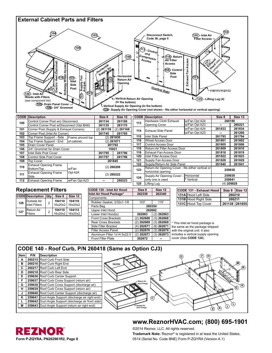 Replacement filters | Reznor ZQYRA Parts Manuals User Manual | Page 8 / 8