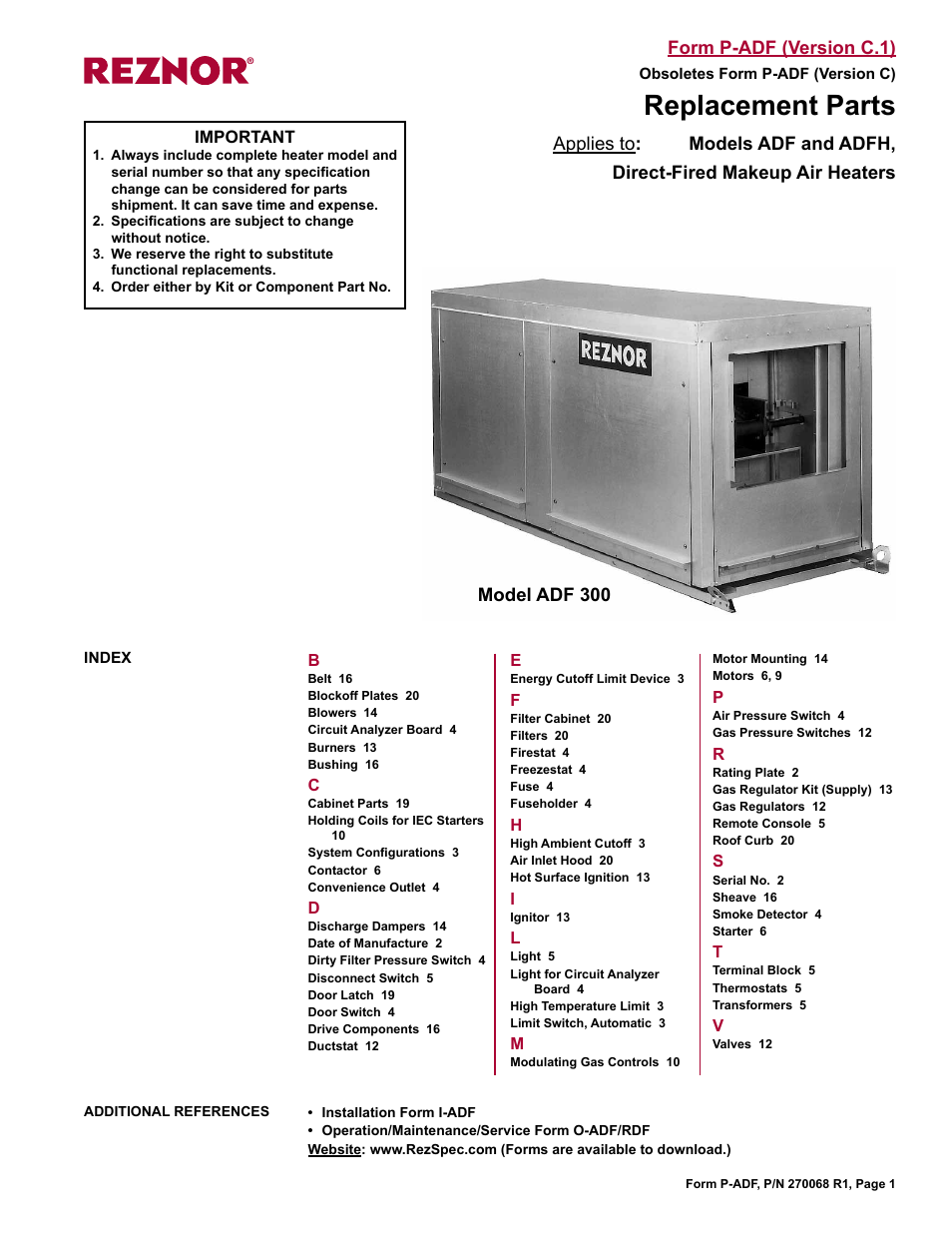 Reznor ADFH Parts Manuals User Manual | 20 pages