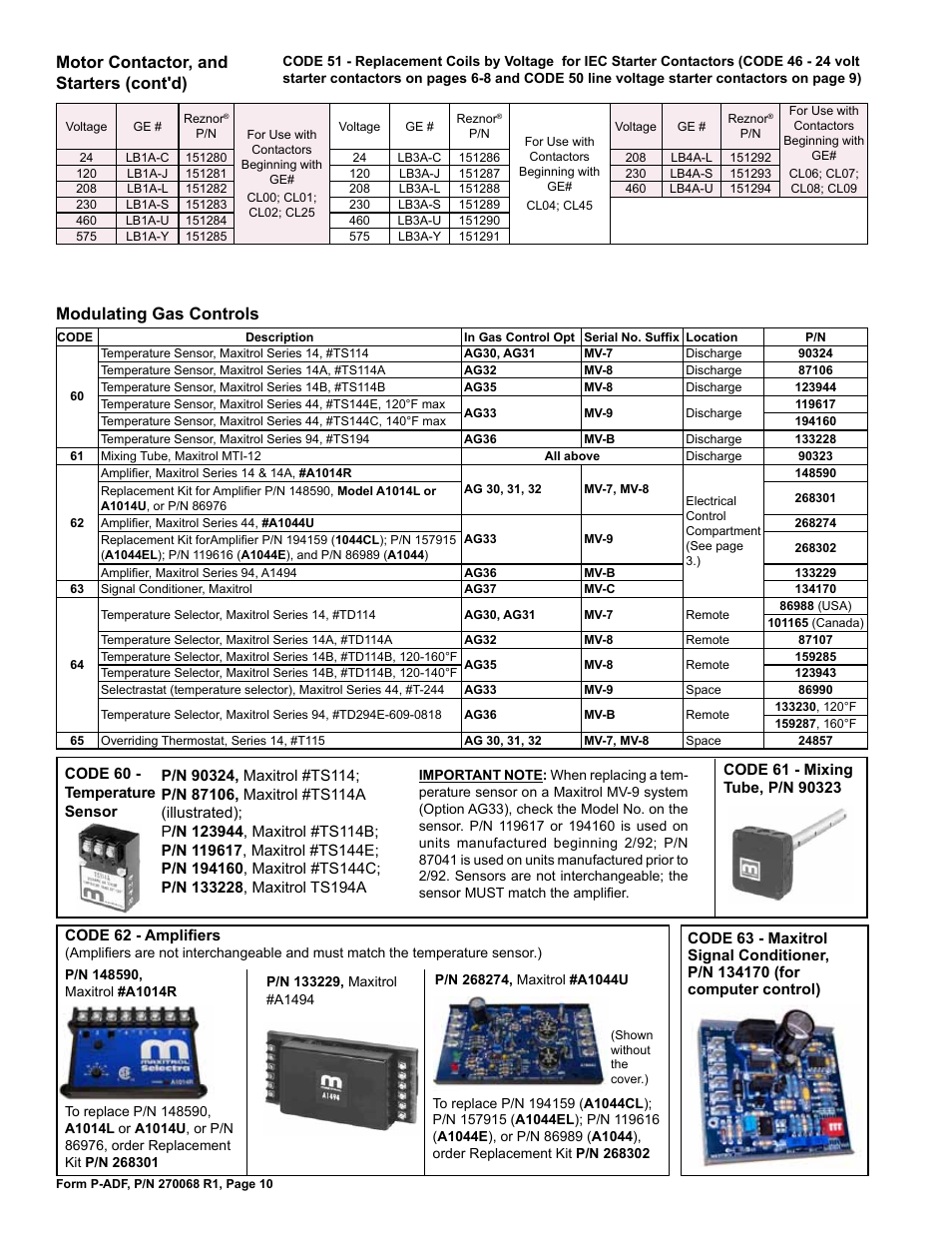 Modulating gas controls 10, Modulating gas controls, Motor contactor, and starters (cont'd) | Reznor ADFH Parts Manuals User Manual | Page 10 / 20