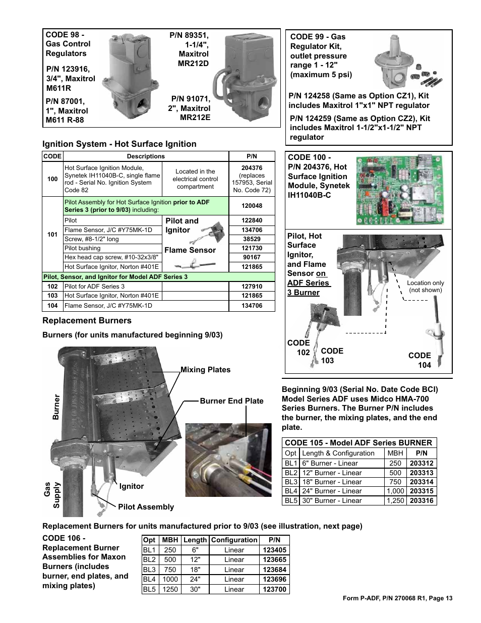 Burners 13, Hot surface ignition 13, Ignitor 13 | Gas regulator kit (supply) 13 | Reznor ADFH Parts Manuals User Manual | Page 13 / 20