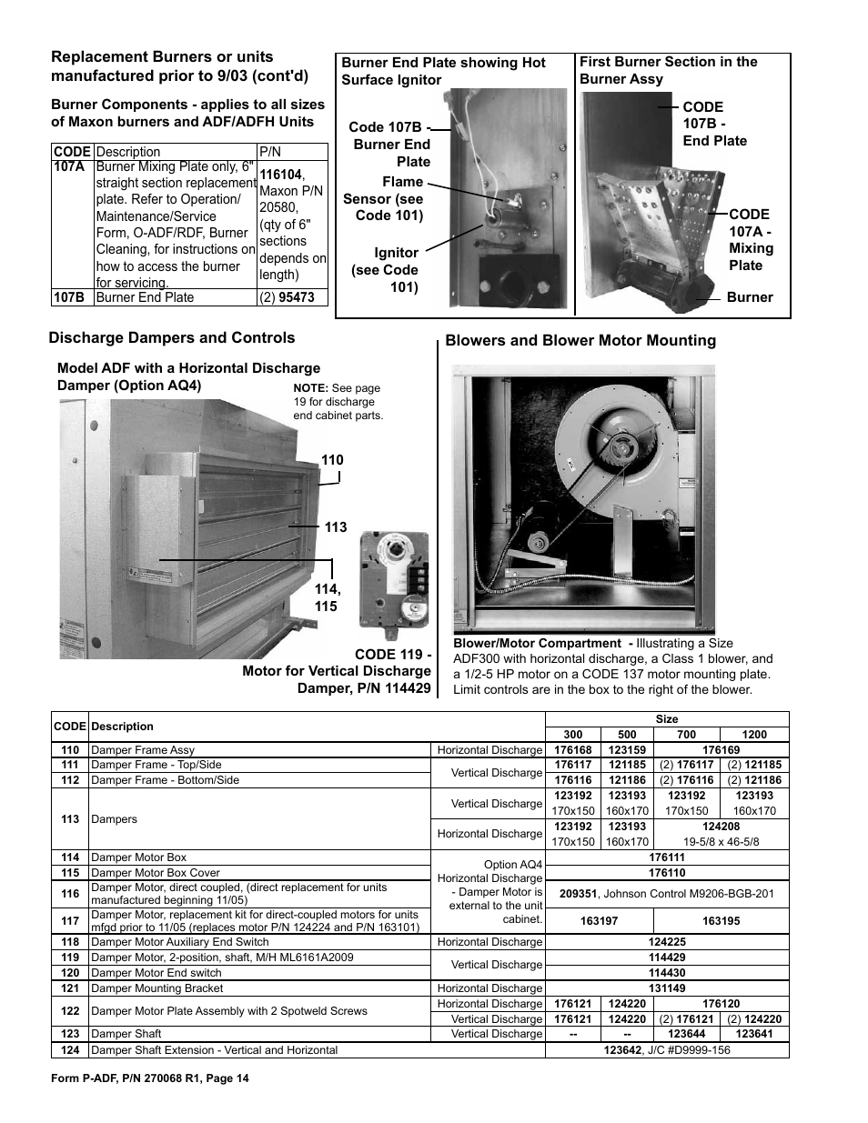 Blowers 14, Discharge dampers 14, Motor mounting 14 | Blowers and blower motor mounting, Discharge dampers and controls | Reznor ADFH Parts Manuals User Manual | Page 14 / 20