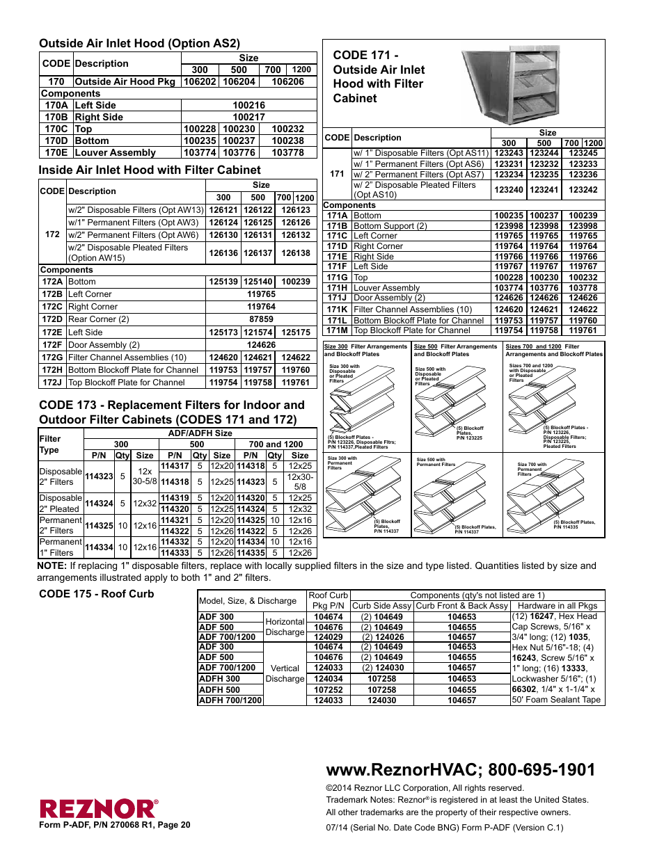 Blockoff plates 20, Filter cabinet 20, Filters 20 | Air inlet hood 20, Roof curb 20, Outside air inlet hood (option as2), Code 175 - roof curb | Reznor ADFH Parts Manuals User Manual | Page 20 / 20