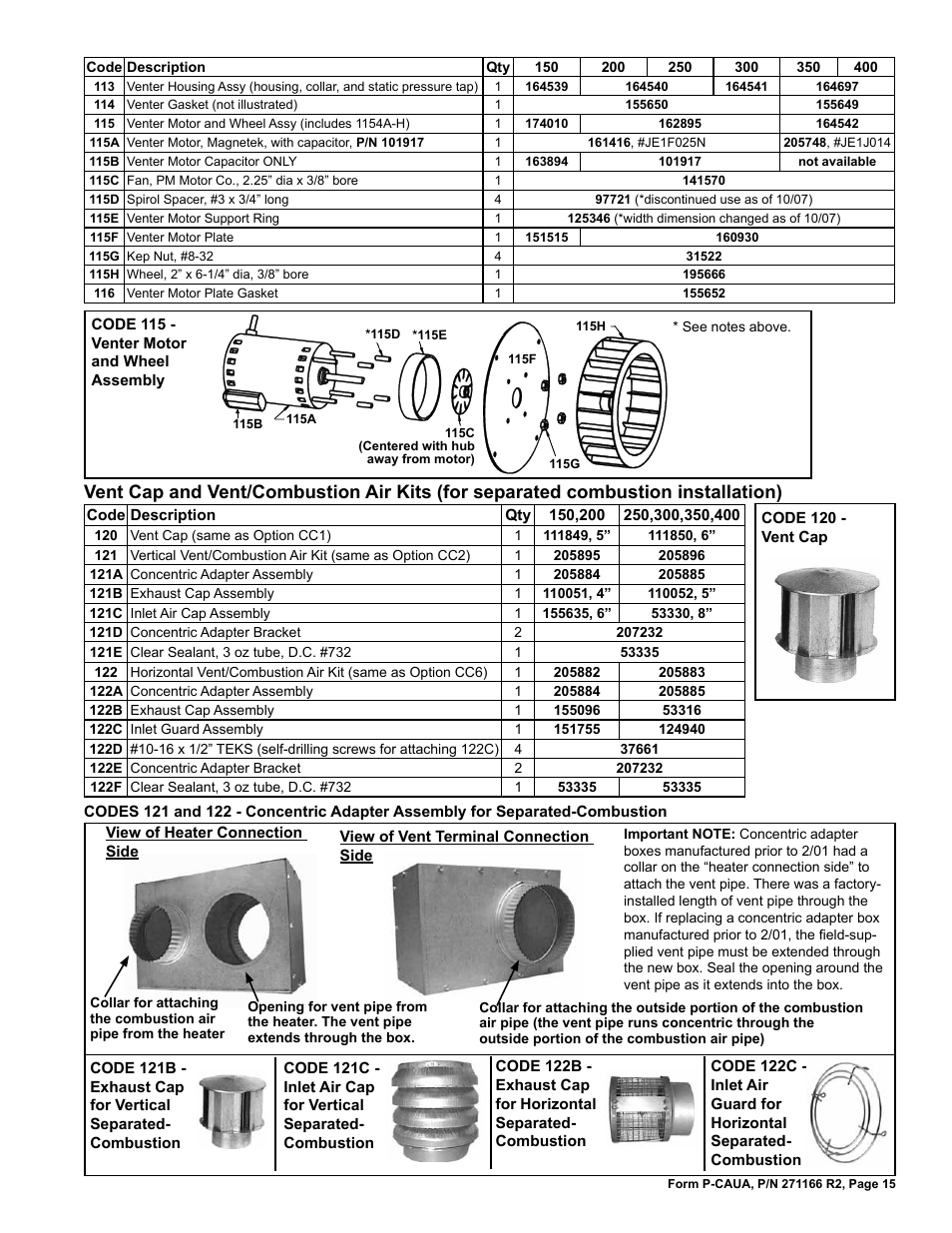 Enter motor capacitor 15, Adapter 15, Air kits 15 | Ent cap 15, Enter housing 15, Enter motor 15 | Reznor ACUB Parts Manuals User Manual | Page 15 / 24