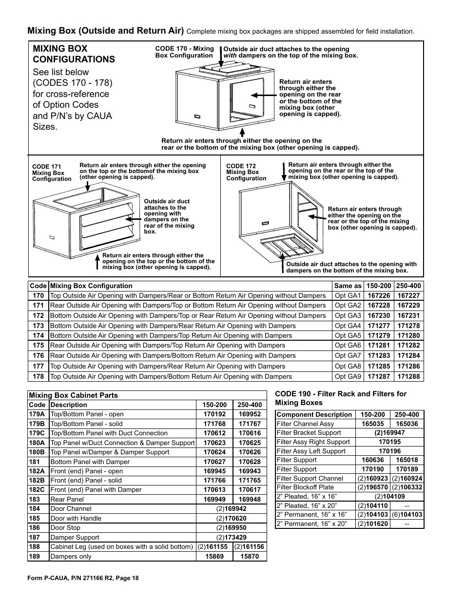 Dampers 18, Filter rack 18, Filters 18, 20, 21, 24 | Mixing box 18, Mixing box (outside and return air) | Reznor ACUB Parts Manuals User Manual | Page 18 / 24