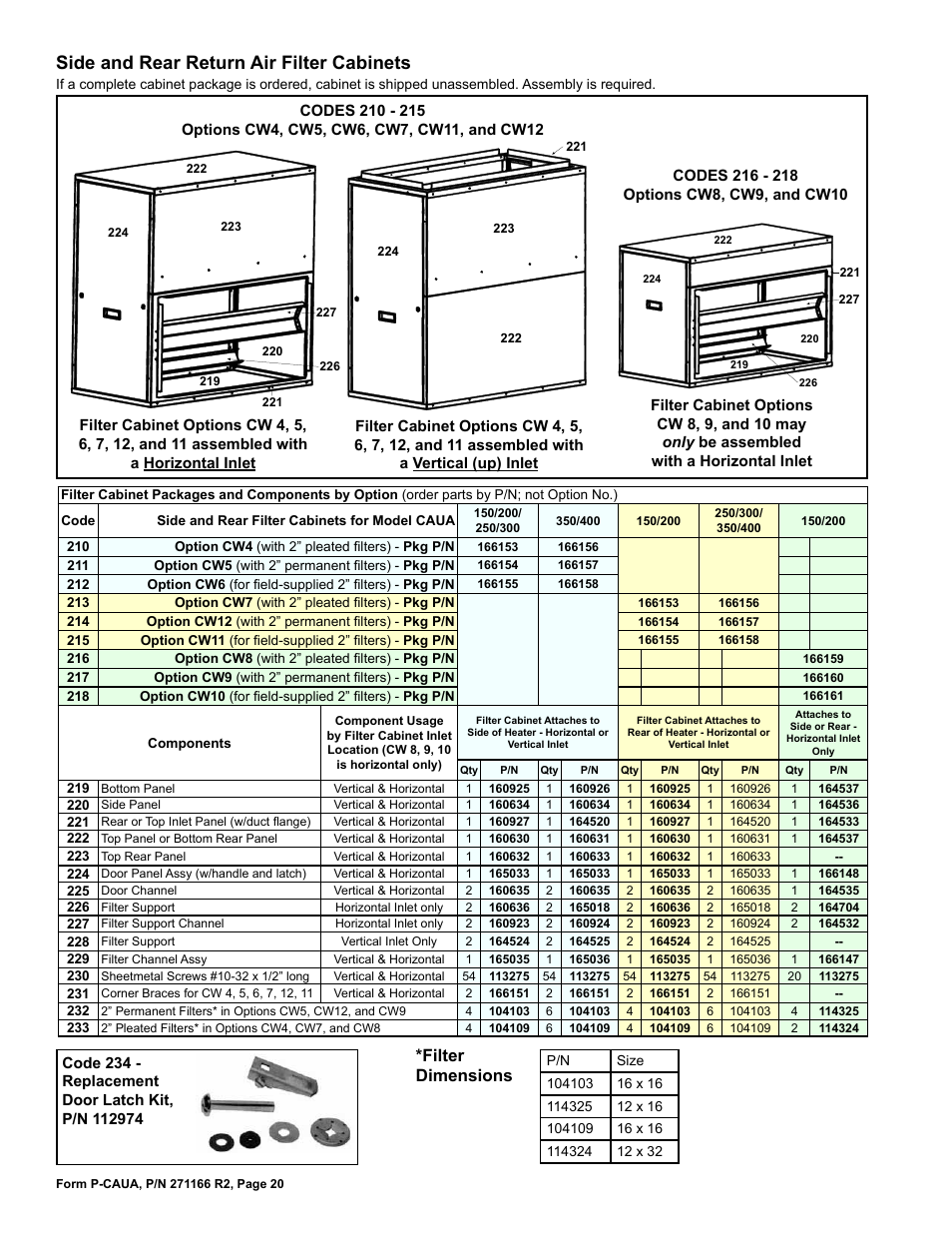 Door latch kit 20, Filter cabinets 20, Side and rear return air filter cabinets | Filter dimensions | Reznor ACUB Parts Manuals User Manual | Page 20 / 24