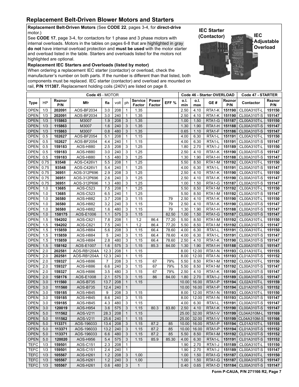 Or 7, 8, Belt-driven blower motor 7, Starter 7 | Starter overload 7, 8, Replacement belt-driven blower motors and starters | Reznor ACUB Parts Manuals User Manual | Page 7 / 24