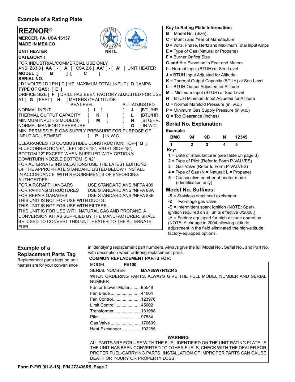 Model no. 2, Rating plate 2, Ag 2 | Reznor | Reznor B Parts Manuals User Manual | Page 2 / 20