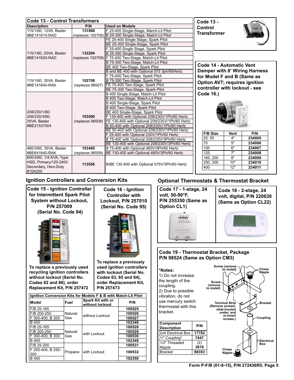 Ignition controllers 5, Ignition conversion kits 5, Thermostat bracket 5 | Thermostats 5, Ransformers 5, Ent damper 5, Optional thermostats & thermostat bracket, Ignition controllers and conversion kits | Reznor B Parts Manuals User Manual | Page 5 / 20