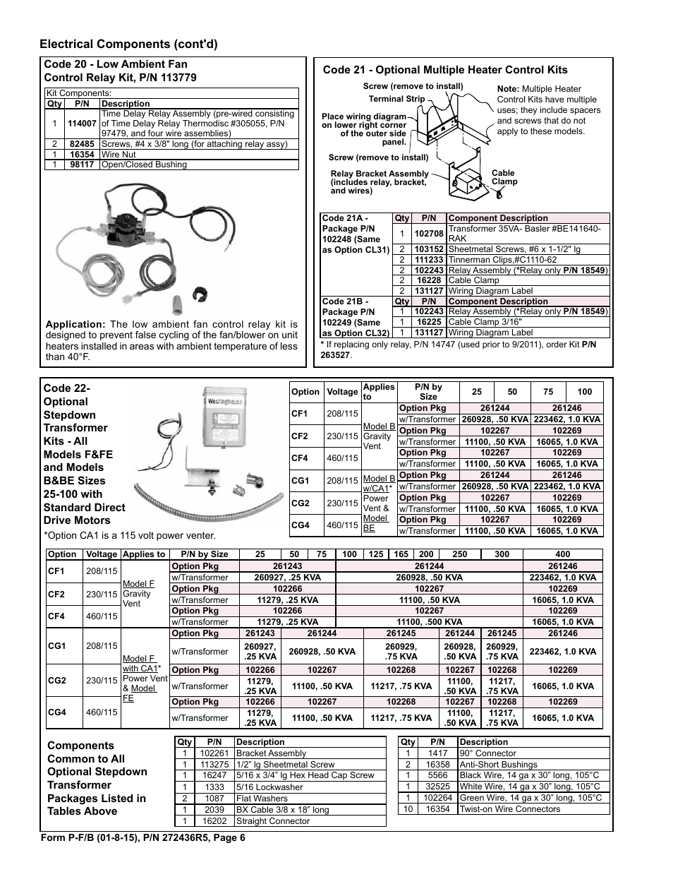 Ambient fan control 6, Multiple heater control 6, Ransformer 6 | Electrical components (cont'd) | Reznor B Parts Manuals User Manual | Page 6 / 20