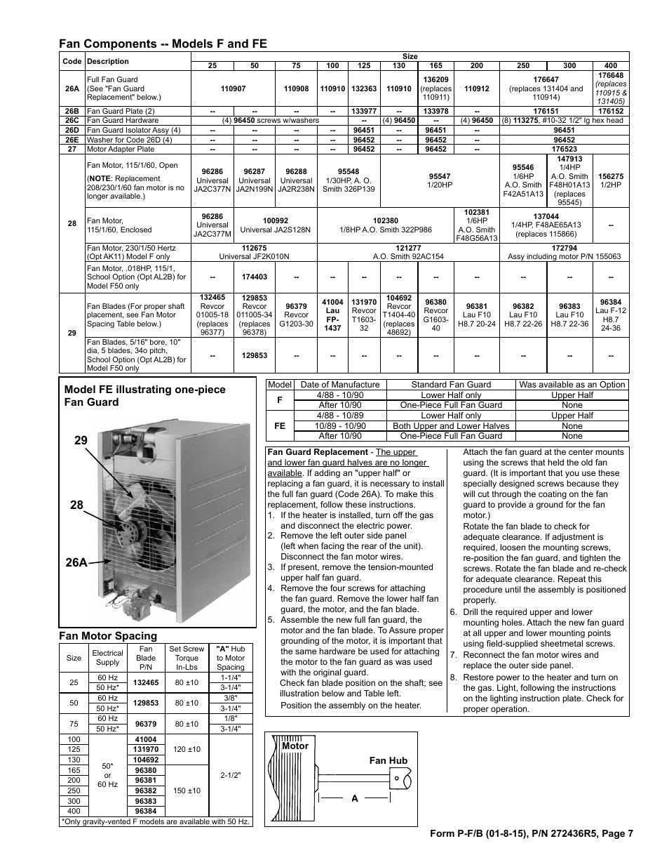 Fan blades 7, Fan components 7, Fan guard 7 | Fan motor spacing 7, Fan motor 7, Fan components -- models f and fe, Model fe illustrating one-piece fan guard, Fan motor spacing | Reznor B Parts Manuals User Manual | Page 7 / 20