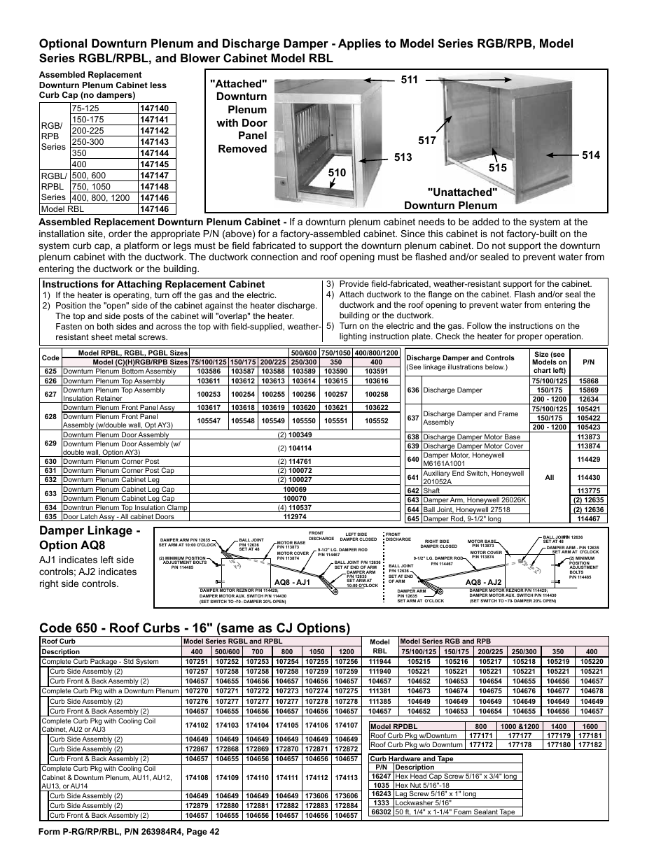 Roof curbs 42, Downturn plenum 42, Damper linkage - option aq8 | Instructions for attaching replacement cabinet | Reznor HRPD Parts Manuals User Manual | Page 42 / 44