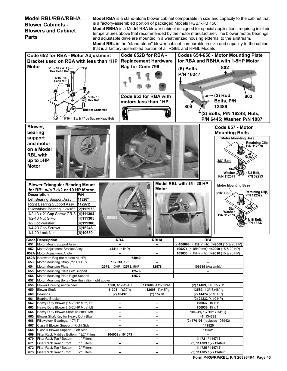 Cabinets 43, Code 657 - motor mounting bolts | Reznor HRPD Parts Manuals User Manual | Page 43 / 44